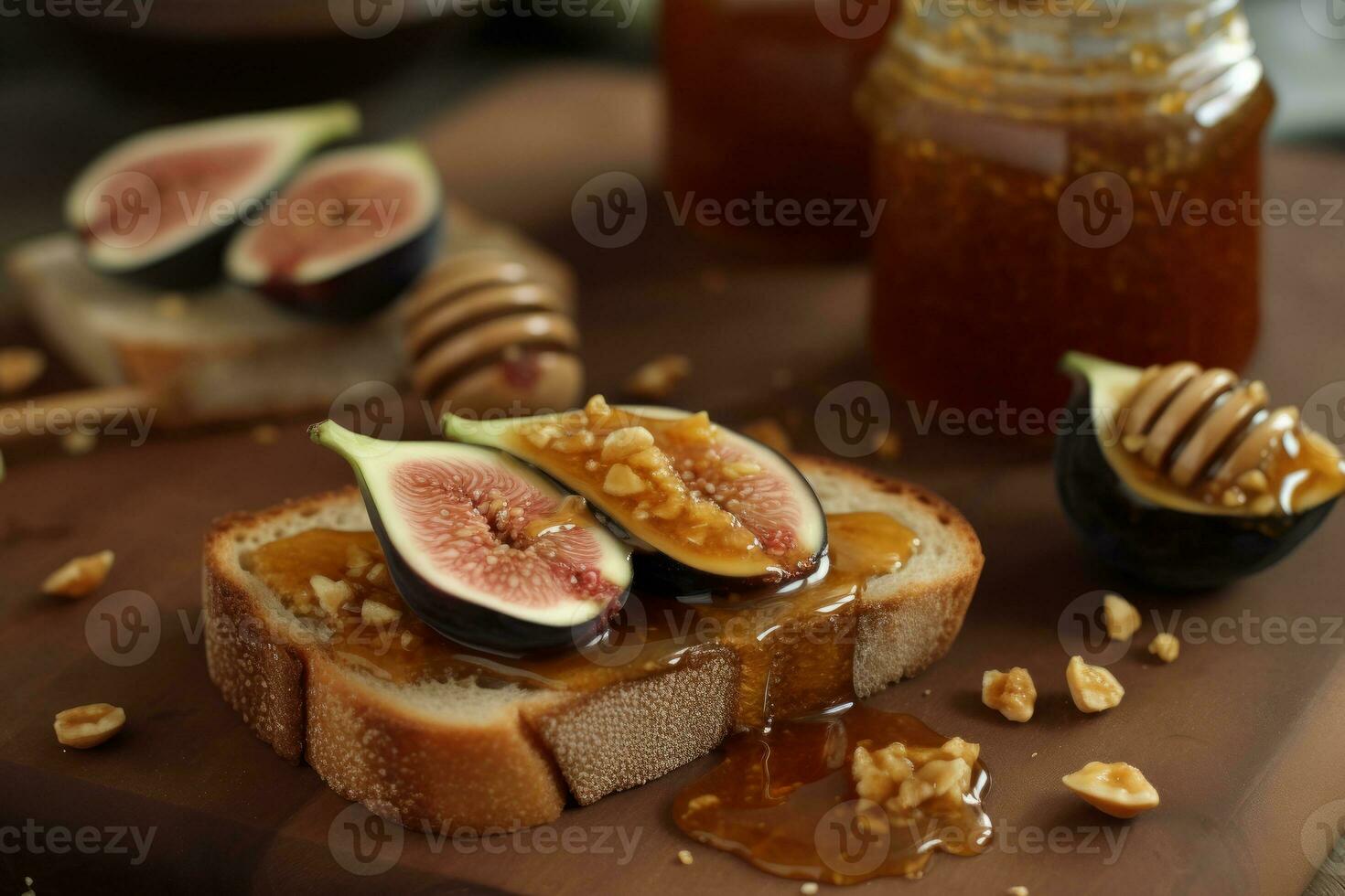 Toast with a drizzle of raw bee's honey and fresh fig jam. Generative Ai photo