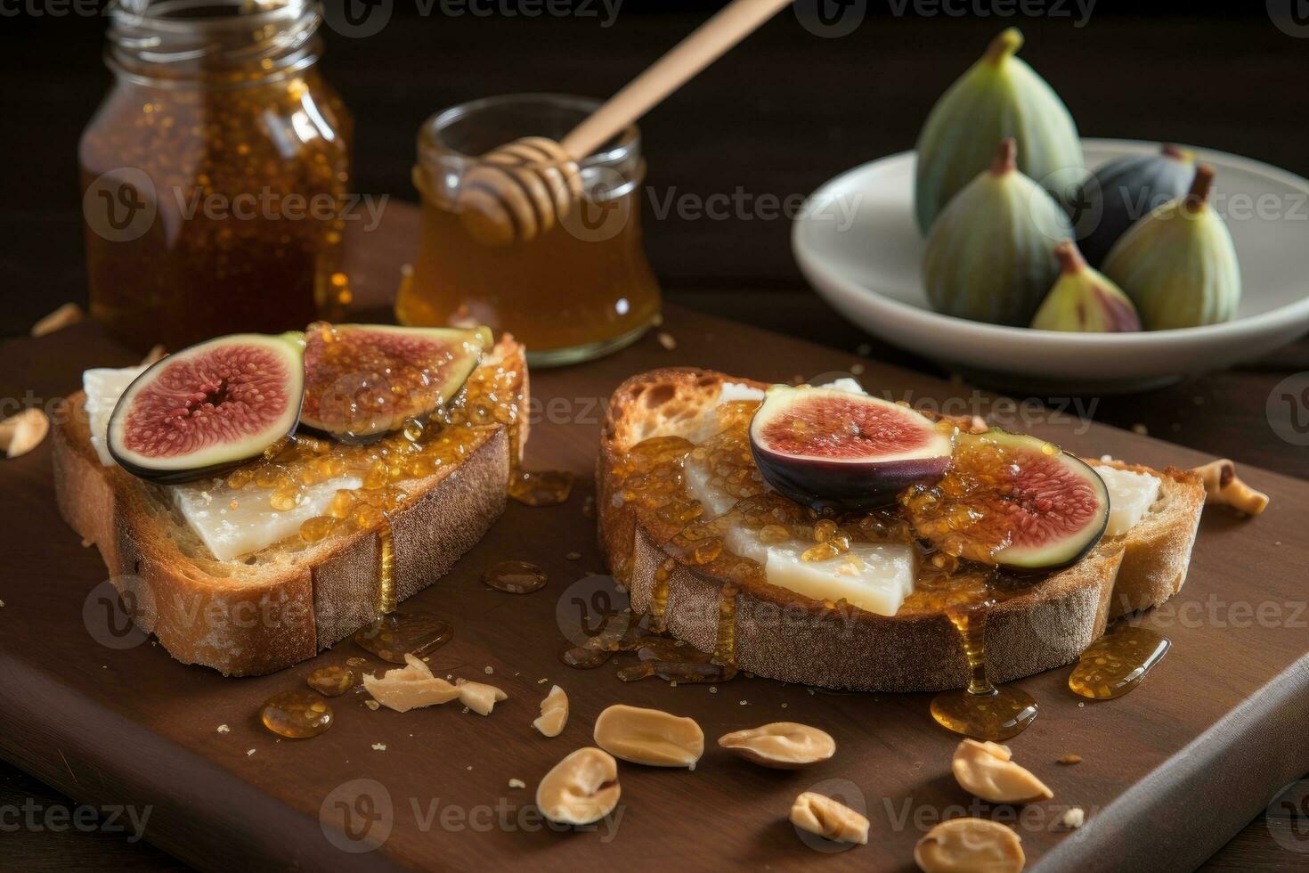 Toast with a drizzle of raw bee's honey and fresh fig jam. Generative Ai photo