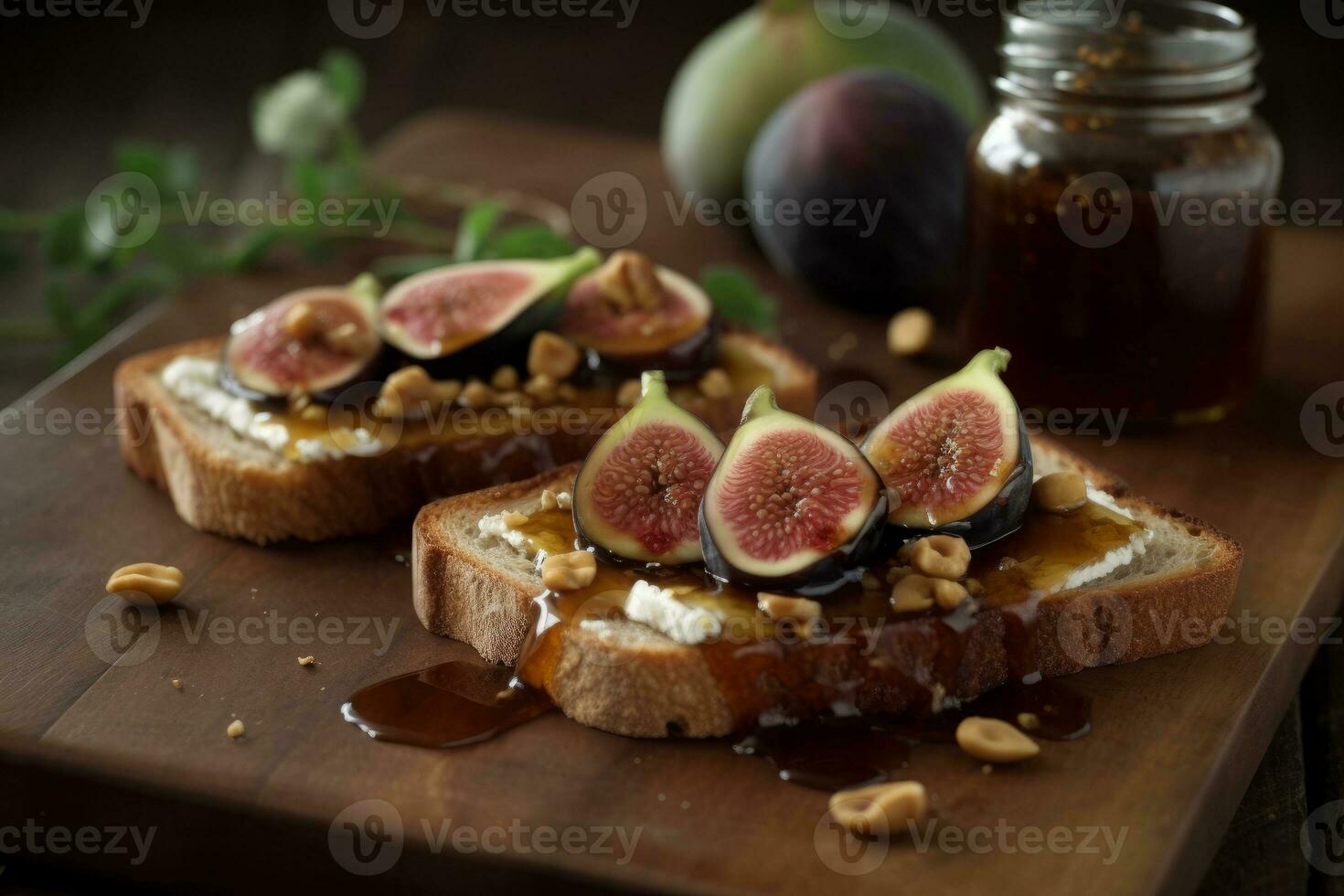 Toast with a drizzle of raw bee's honey and fresh fig jam. Generative Ai photo