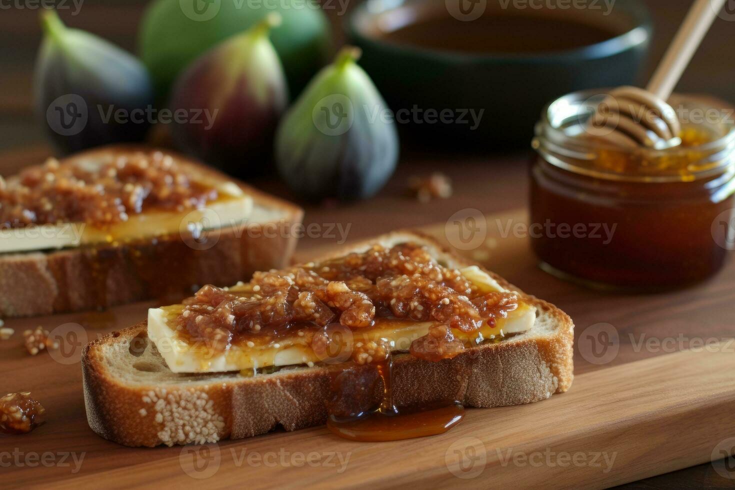 Toast with a drizzle of raw bee's honey and fresh fig jam. Generative Ai photo