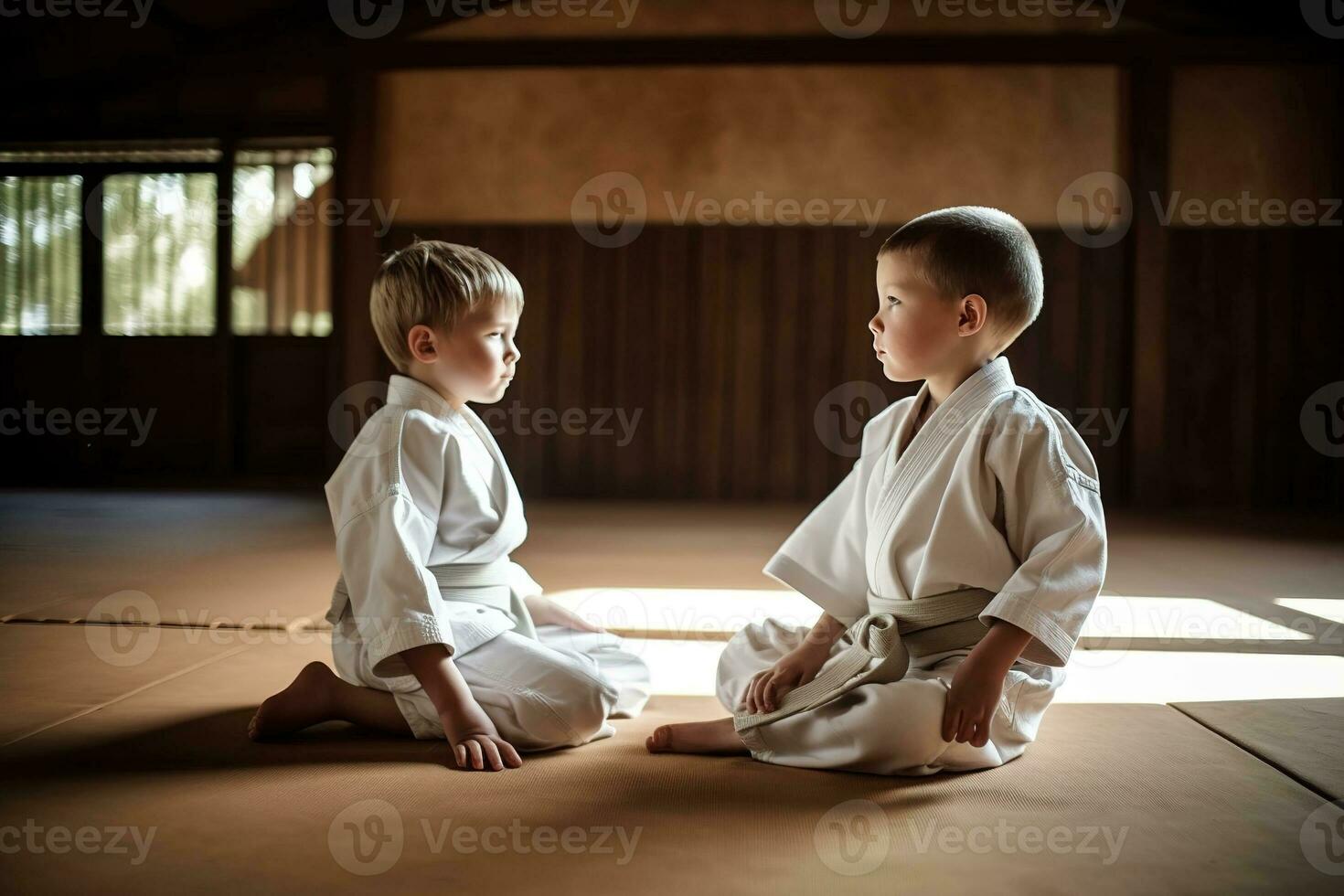 Two boys during judo practice. Generative AI photo