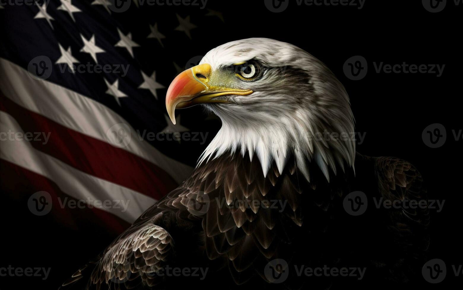 Angry North American bald eagle over American flag. Patriotic holiday celebrate 4th of July. Generative AI. photo