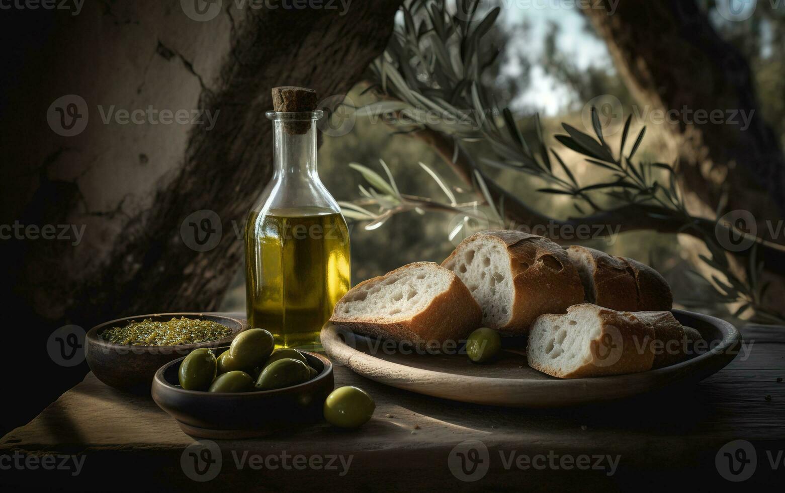 Olive oil bottle, sesame bread, olives in bowl and olive branch on rustic wooden table with olive trees in background. Generative AI photo