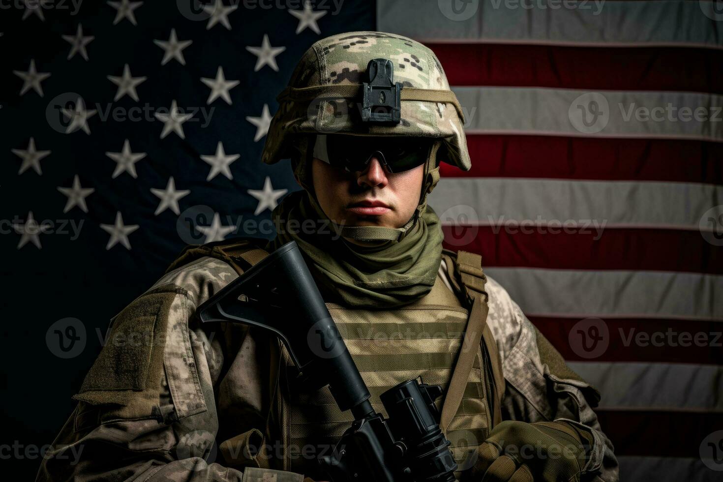 Veterans Day, Honoring all who served. Soldier in front of American Flag. Soldier with automatic rifle. Generative AI photo