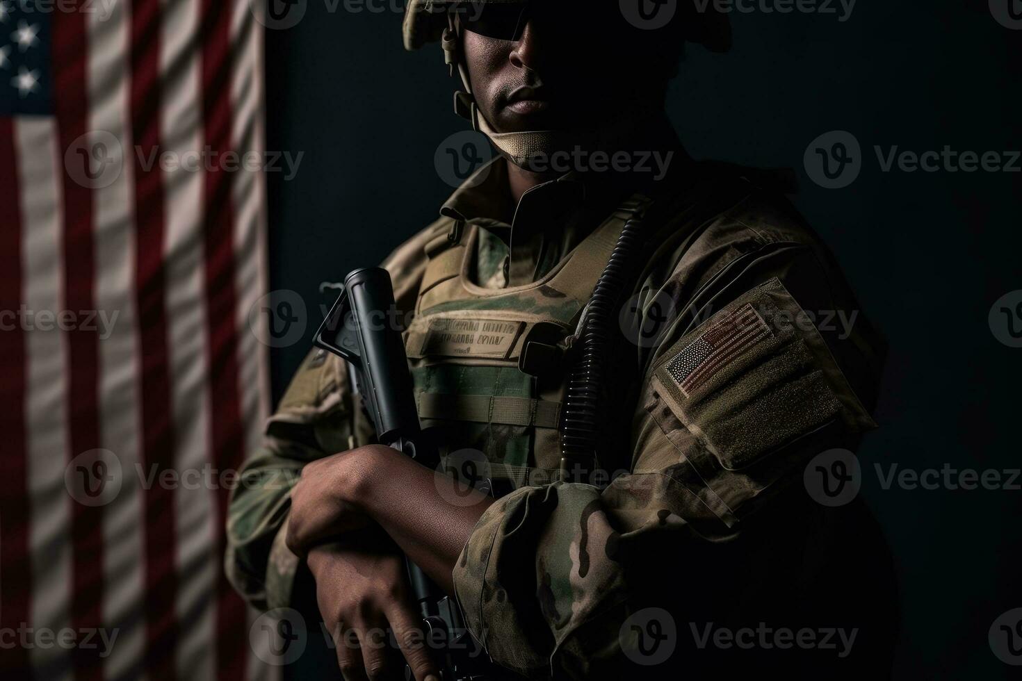 Veterans Day, Honoring all who served. Soldier in front of American Flag. Soldier with automatic rifle. Generative AI photo