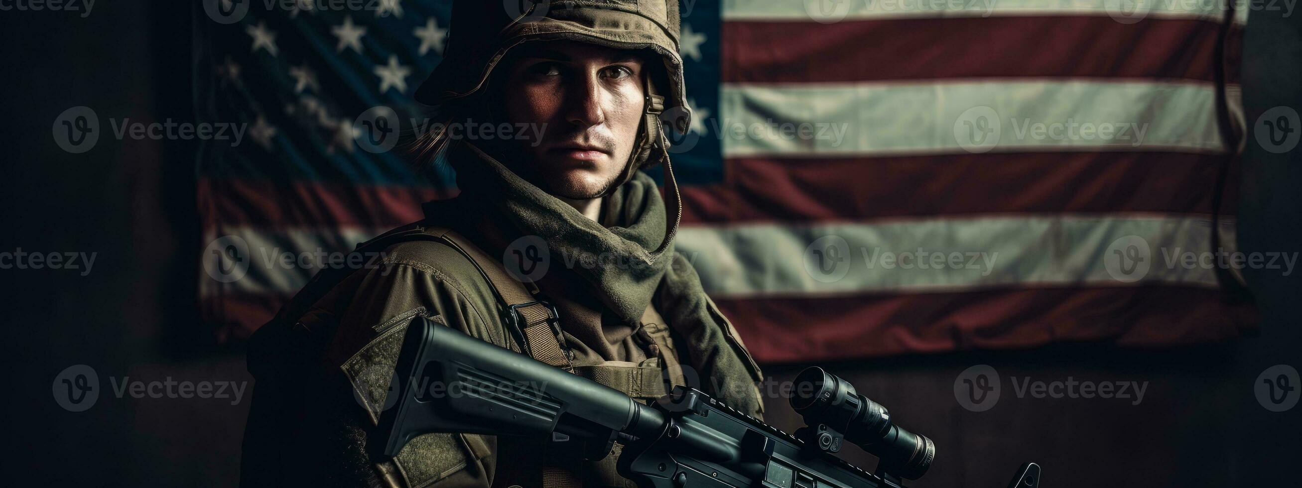 Veterans Day, Honoring all who served. Soldier in front of American Flag. Soldier with automatic rifle. Generative AI photo