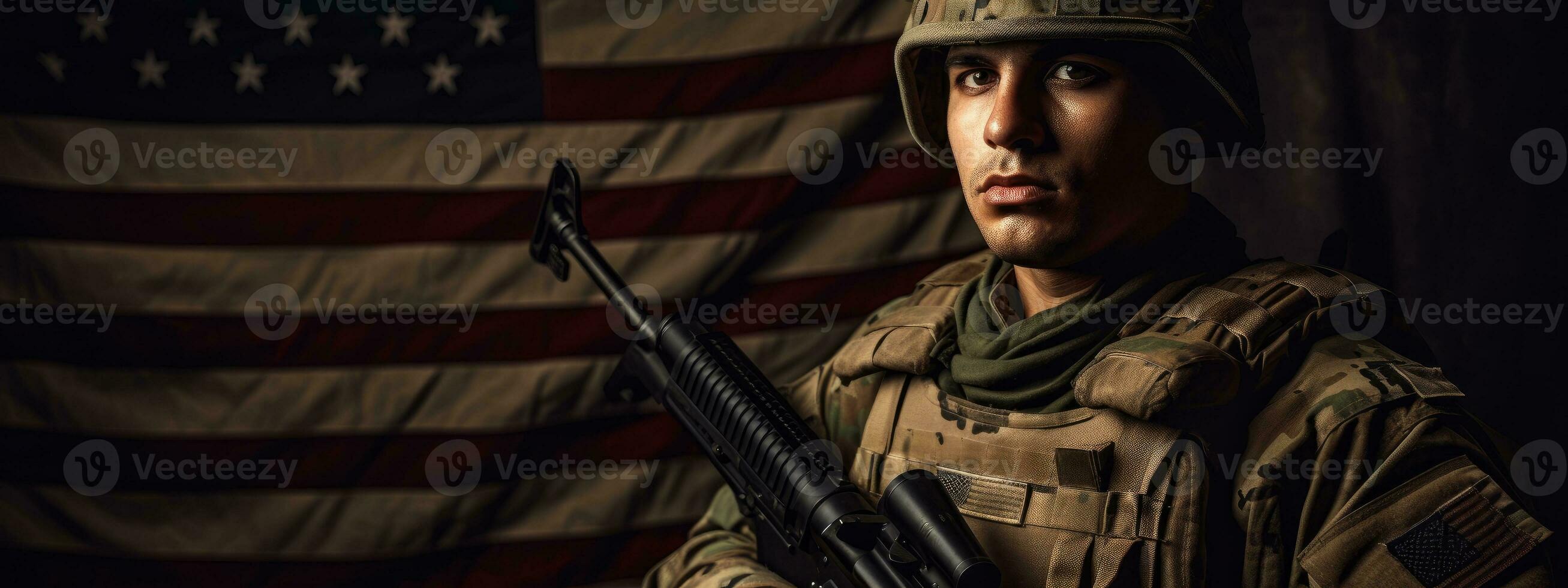 Veterans Day, Honoring all who served. Soldier in front of American Flag. Soldier with automatic rifle. Generative AI photo