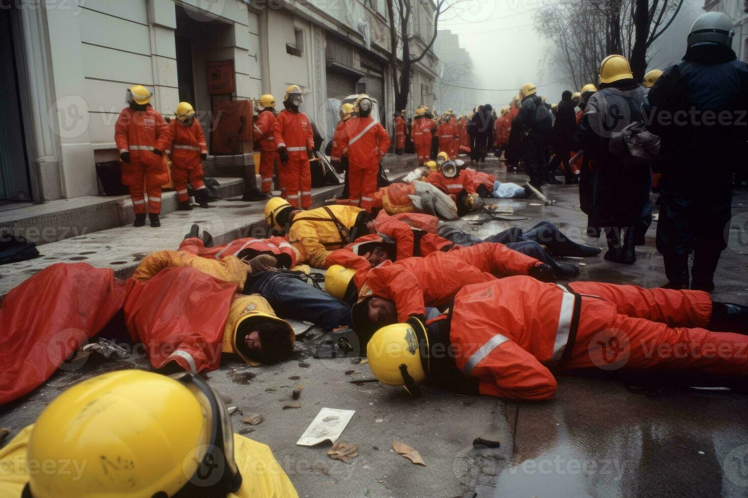 Victims of a gas attack lying unconscious in the streets, as emergency workers in protective gear rush to help them. Generative AI photo