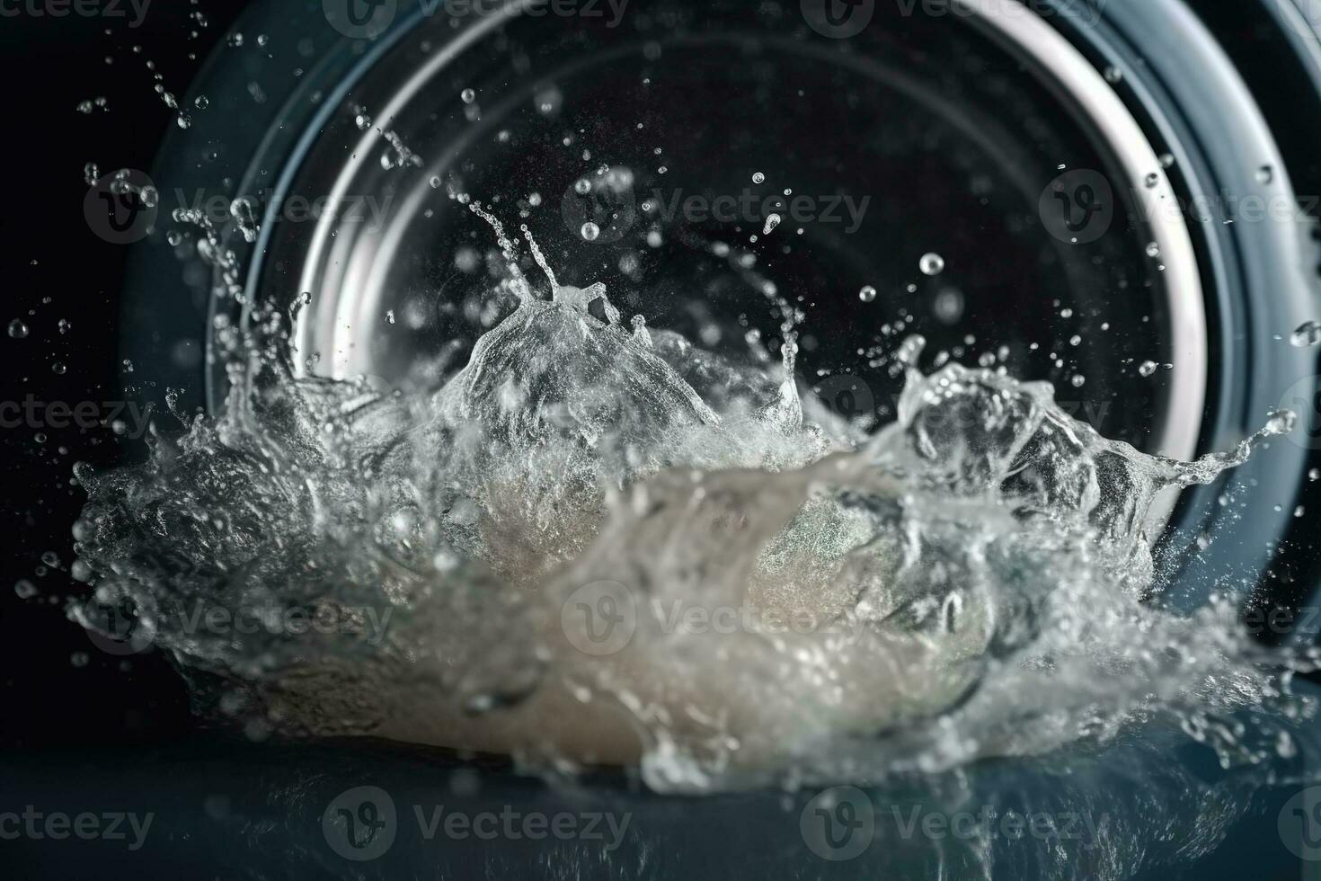 Washing machine drum with clean water flow and splashes. Laundry concept. Generative AI photo