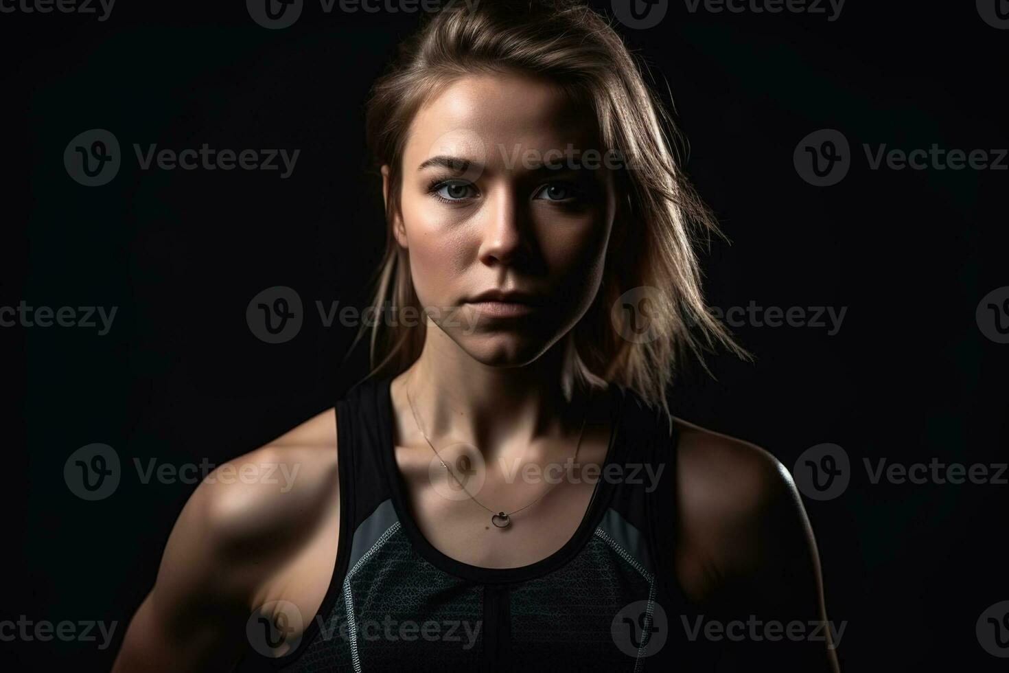 joven atlético mujer en ropa de deporte poses para el cámara en contra un negro antecedentes. generativo ai foto