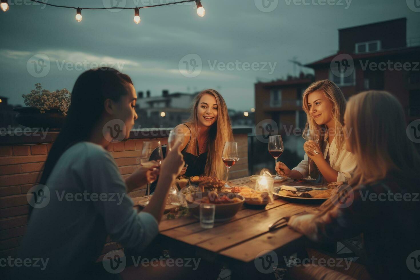 BBQ dinner with young friends eating and drinking fun. Warm lights that create a playful and sparkling atmosphere on the roof of the house. Generative AI photo