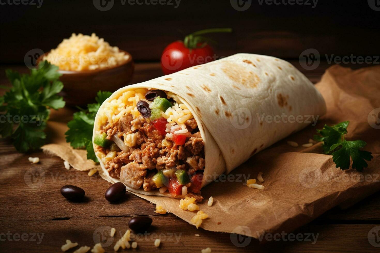 Original Mexican Burritos wraps with beef and vegetables on rustic wooden table. Concept menus and advertisement. Generative AI photo