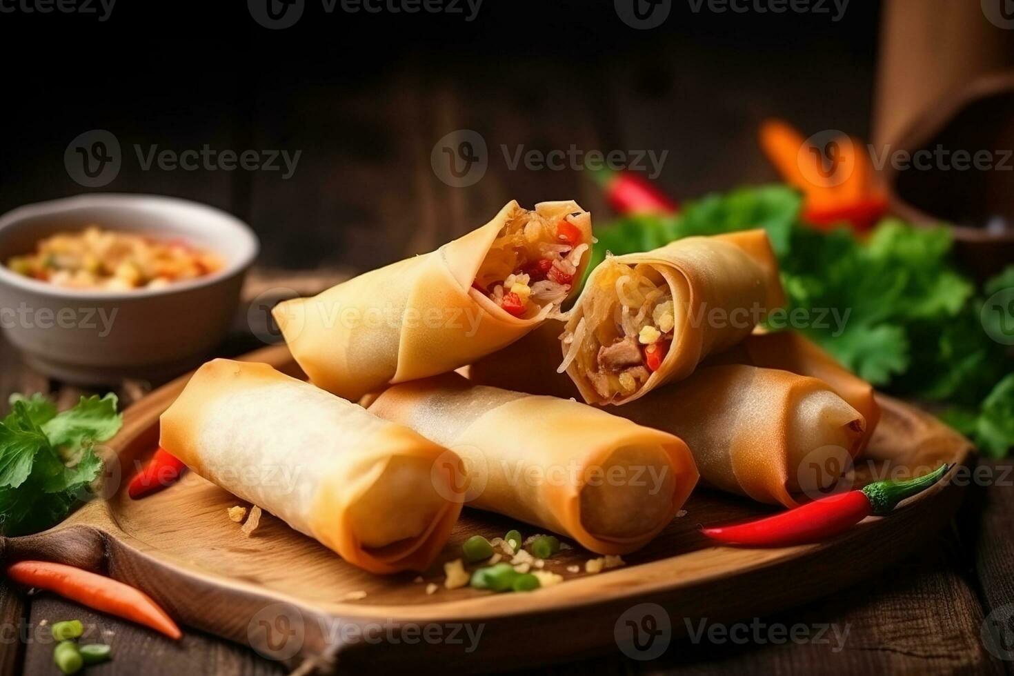 Traditional spring rolls on a wooden rustic table. Asin cousine concept. Generative AI. photo