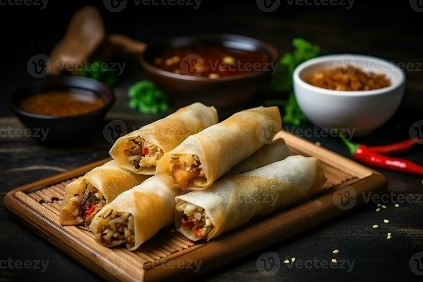 Traditional spring rolls on a wooden rustic table. Asin cousine concept. Generative AI. photo