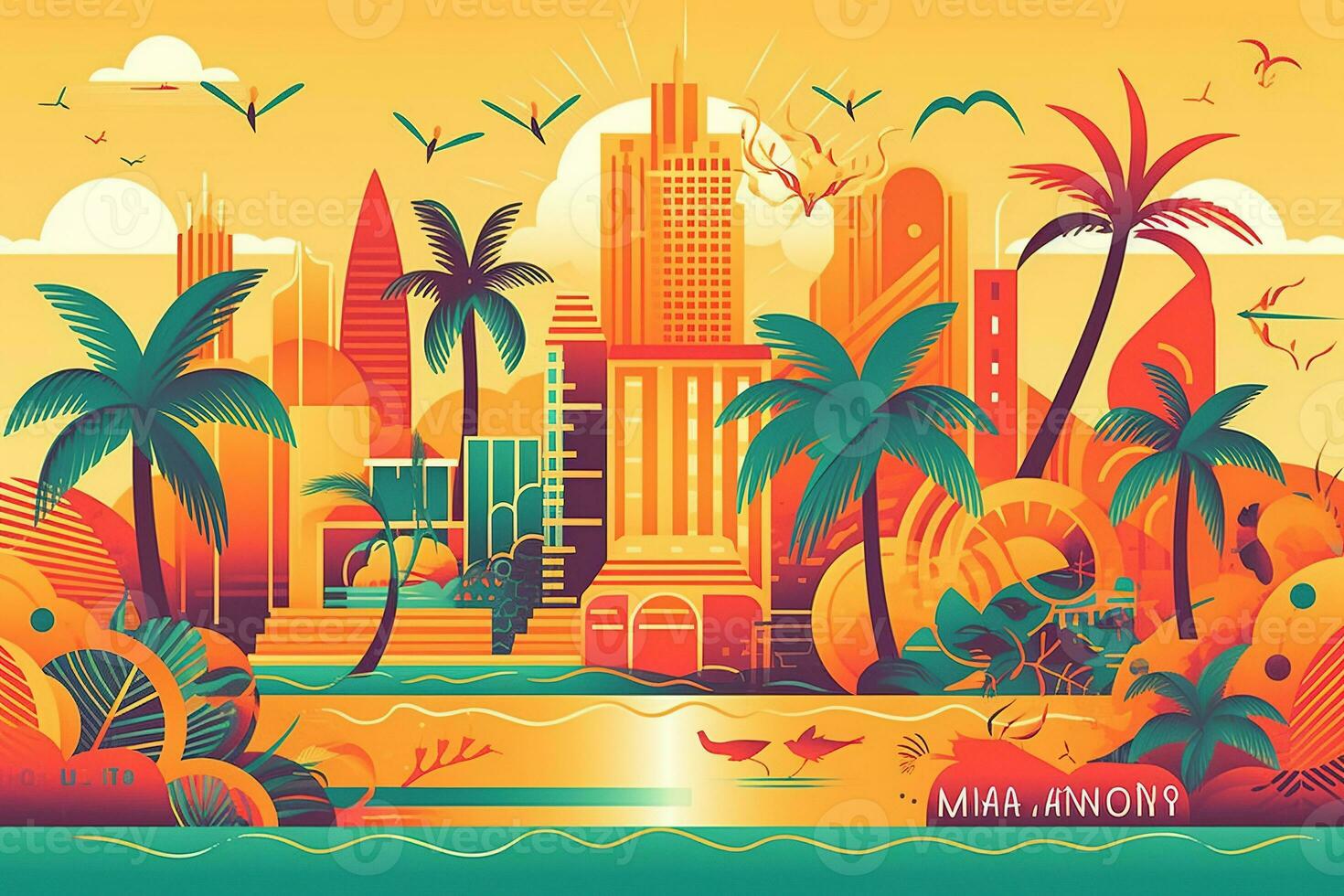 Abstract illustration Miami Holliday retro theme. Vivid colors. Generative AI. photo