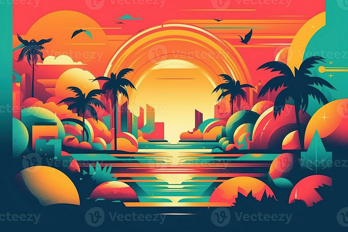 Abstract illustration Miami Holliday retro theme. Vivid colors. Generative AI. photo