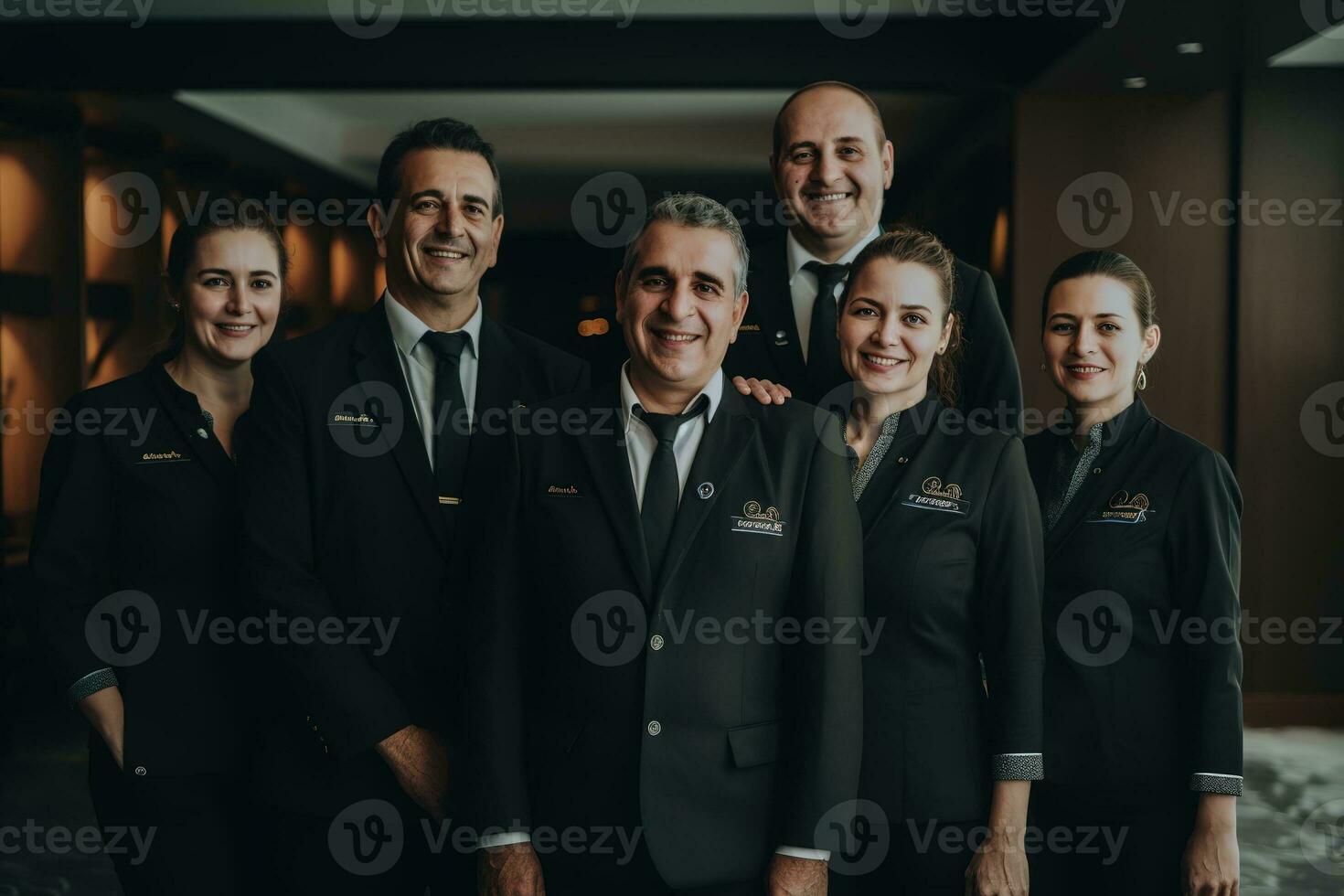 Advertising portrait shot of a hotel staff team standing together in a hotel and they look at the camera. Generative AI. photo
