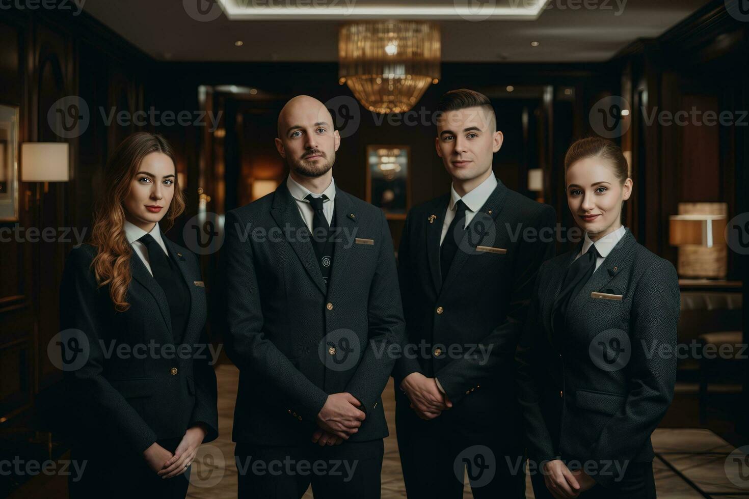 Advertising portrait shot of a hotel staff team standing together in a hotel and they look at the camera. Generative AI. photo