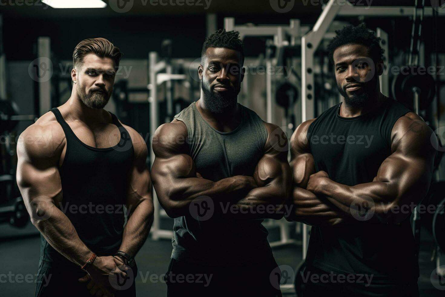 Advertising portrait shot of a team extreme bodybuilders workout standing together in a gym and smiling at the camera. Generative Ai photo