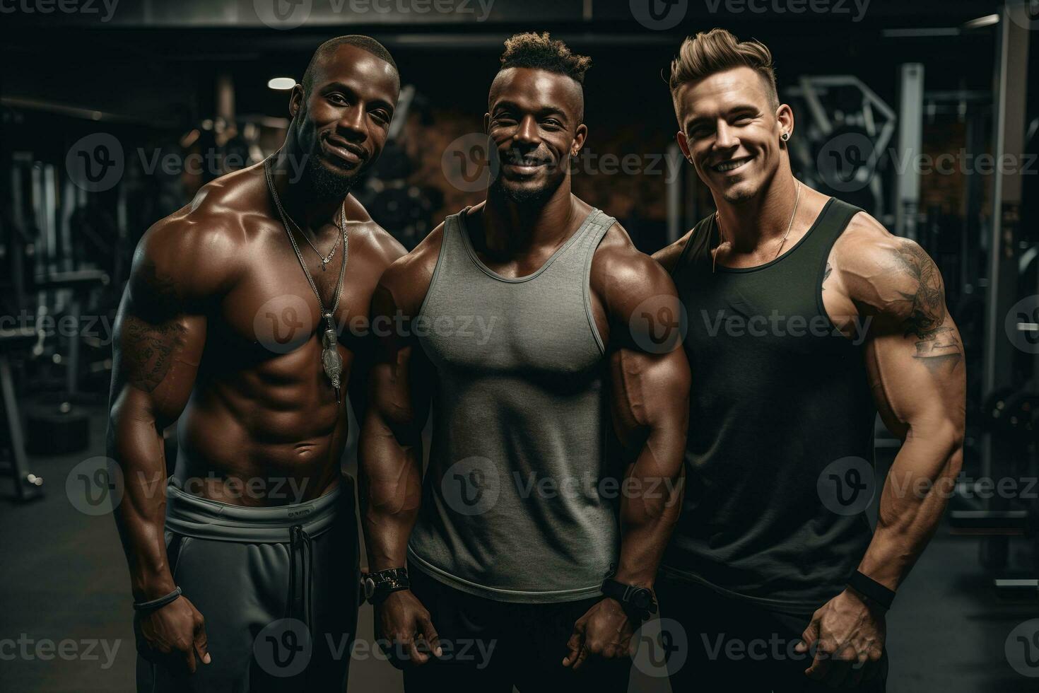 Advertising portrait shot of a team extreme bodybuilders workout standing together in a gym and smiling at the camera. Generative Ai photo