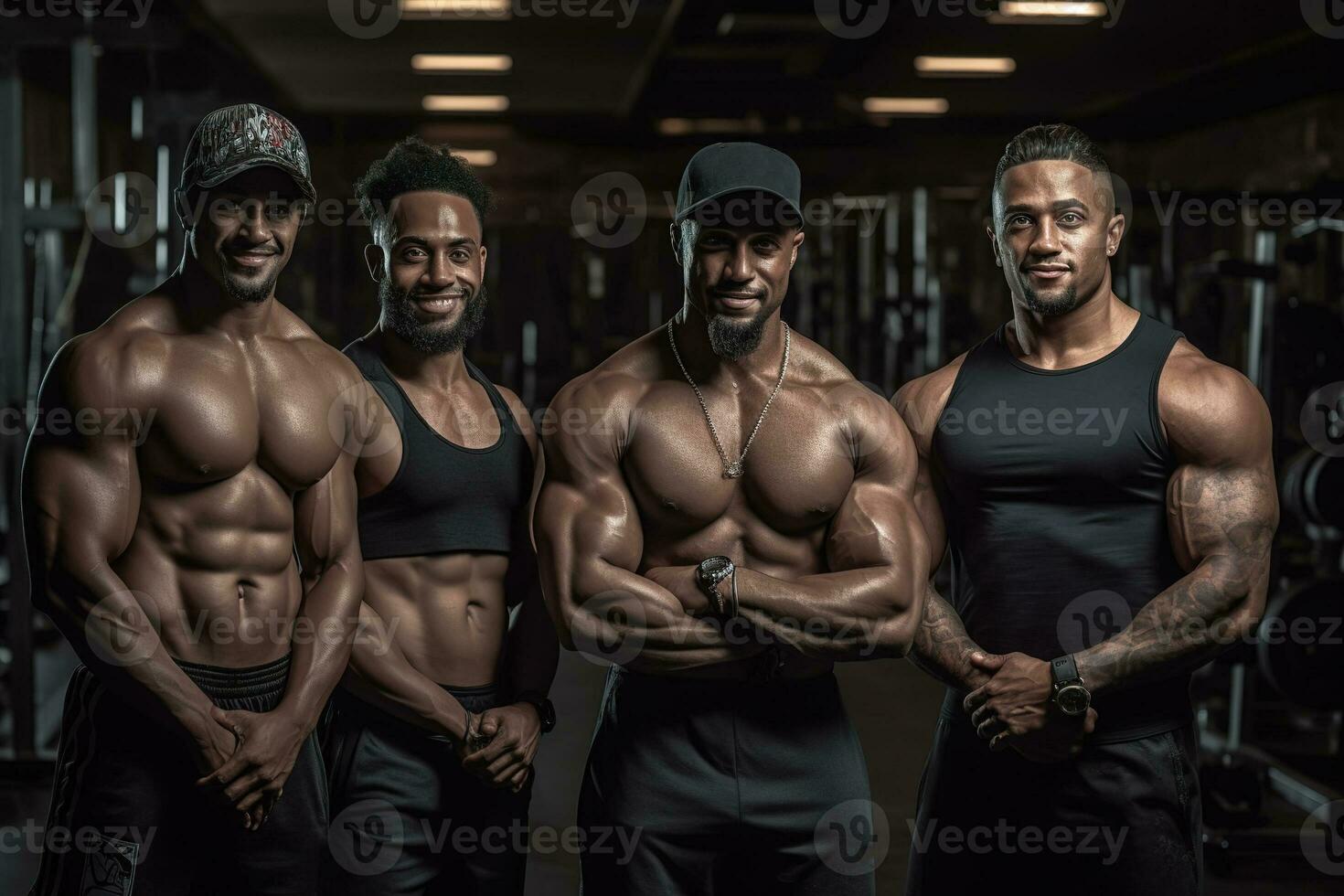 Advertising portrait shot of a team extreme bodybuilders workout standing together in a gym and smiling at the camera. Generative Ai photo