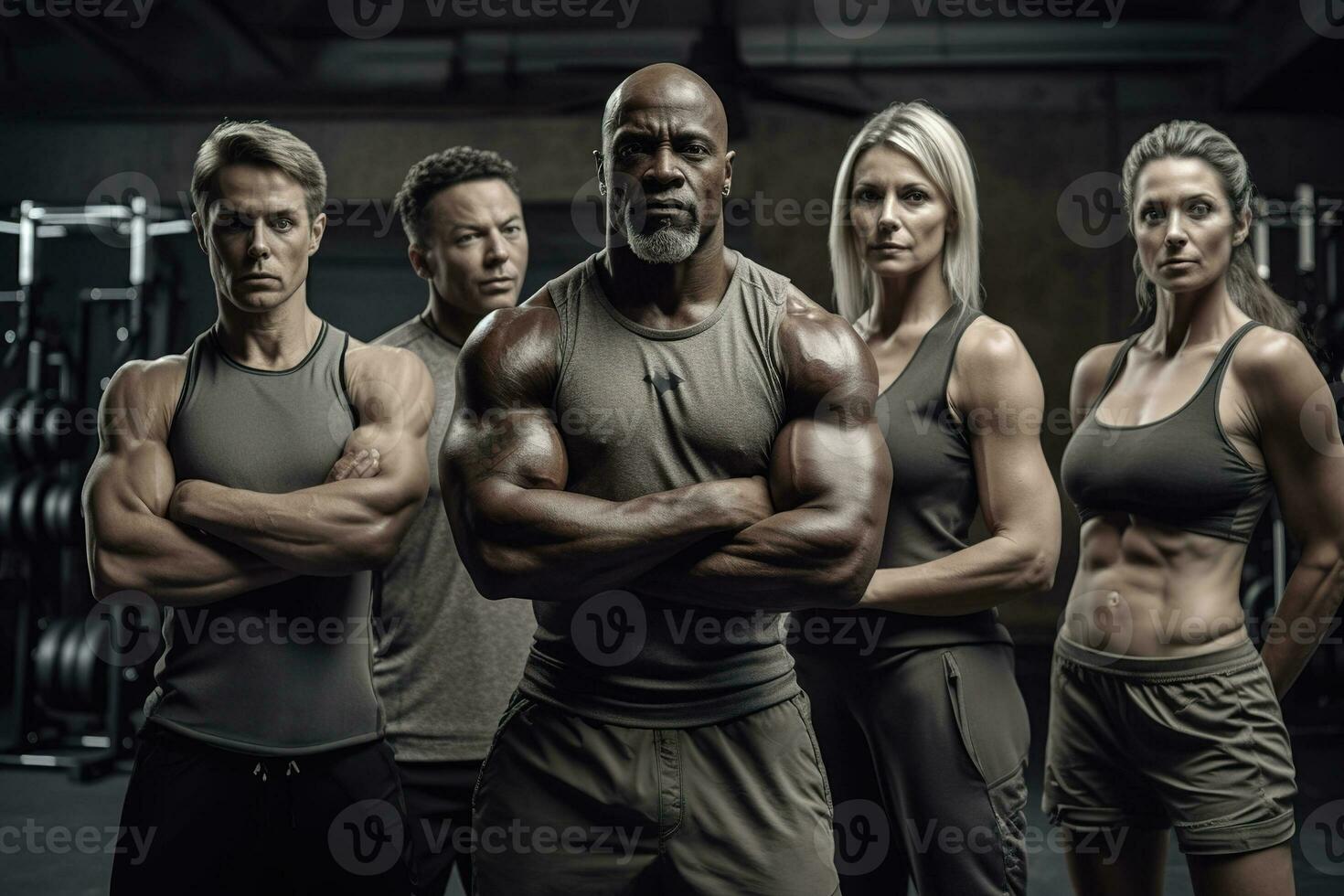Advertising shot of a extreme bodybuilders in the gym. Concept extreme gym. Generative AI photo