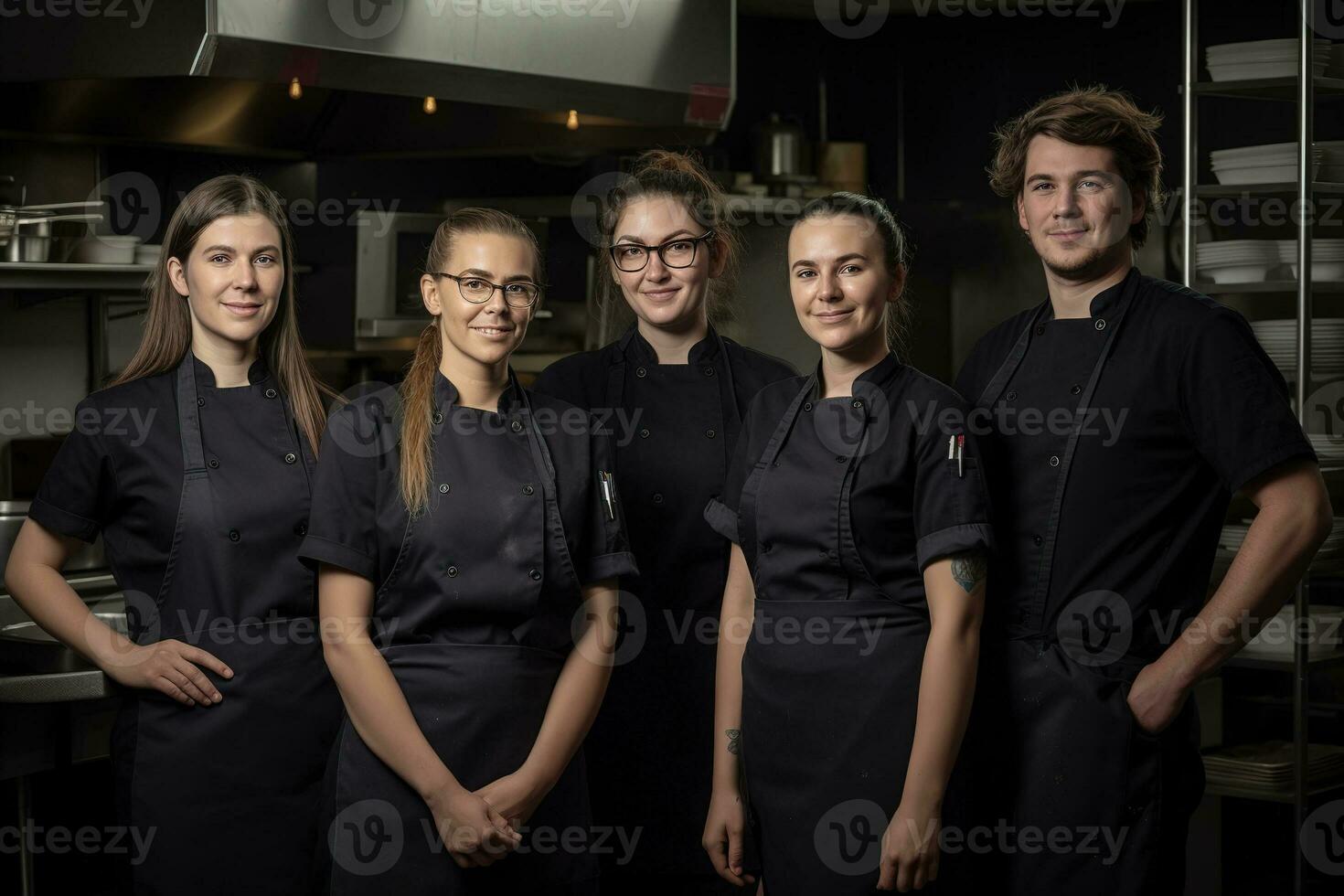 Advertising portrait shot of a cheff team standing together in a restaurant kitchen and they look at the camera. Generative AI. photo
