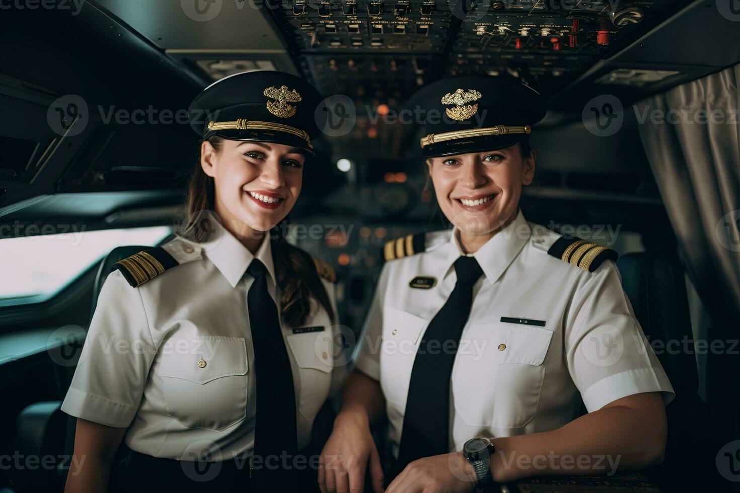 Advertising portrait shot of a hostess and pilot team standing together in the plane and they look at the camera. Generative AI. photo