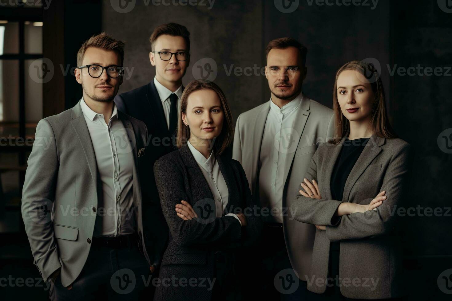 Advertising portrait shot of a brokers team standing together in a office and they look at the camera. Generative AI. photo