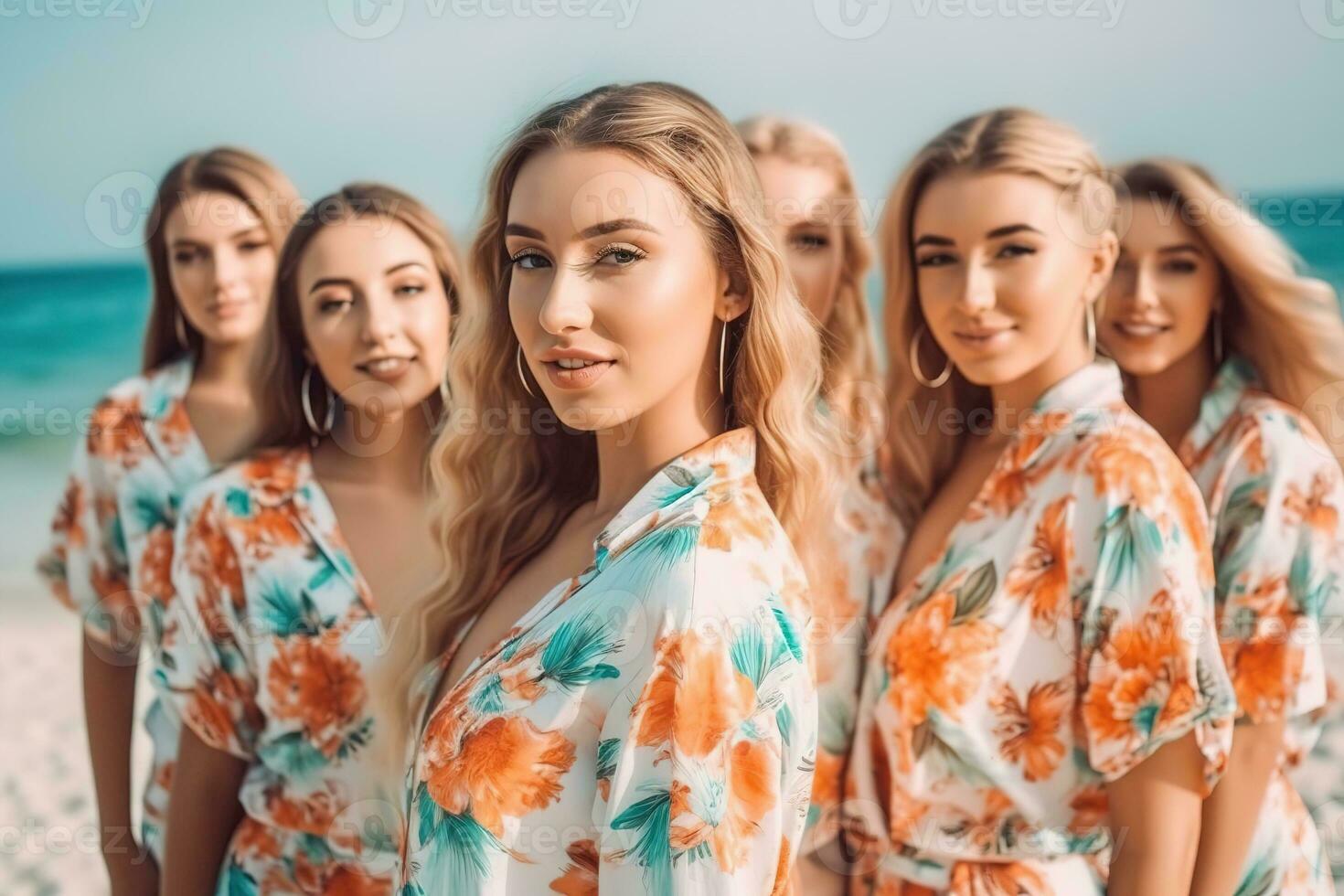 Advertising portrait shot of a young female girl team standing together in the tropical resort beach and they look at the camera. Generative AI. photo