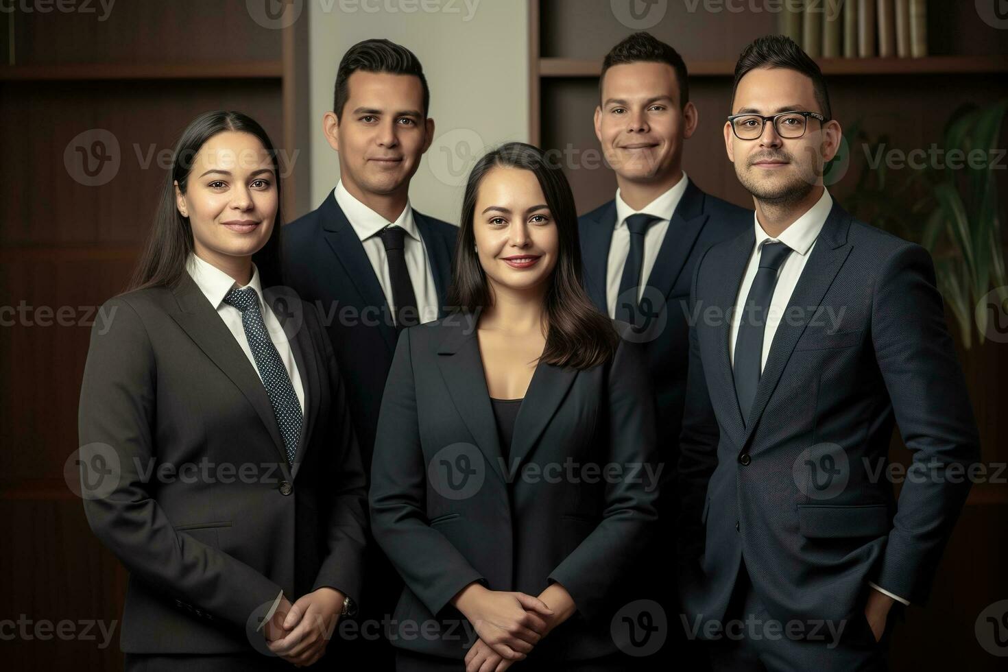 Advertising portrait shot of a lawyers team standing together in a court and they look at the camera. Generative AI. photo