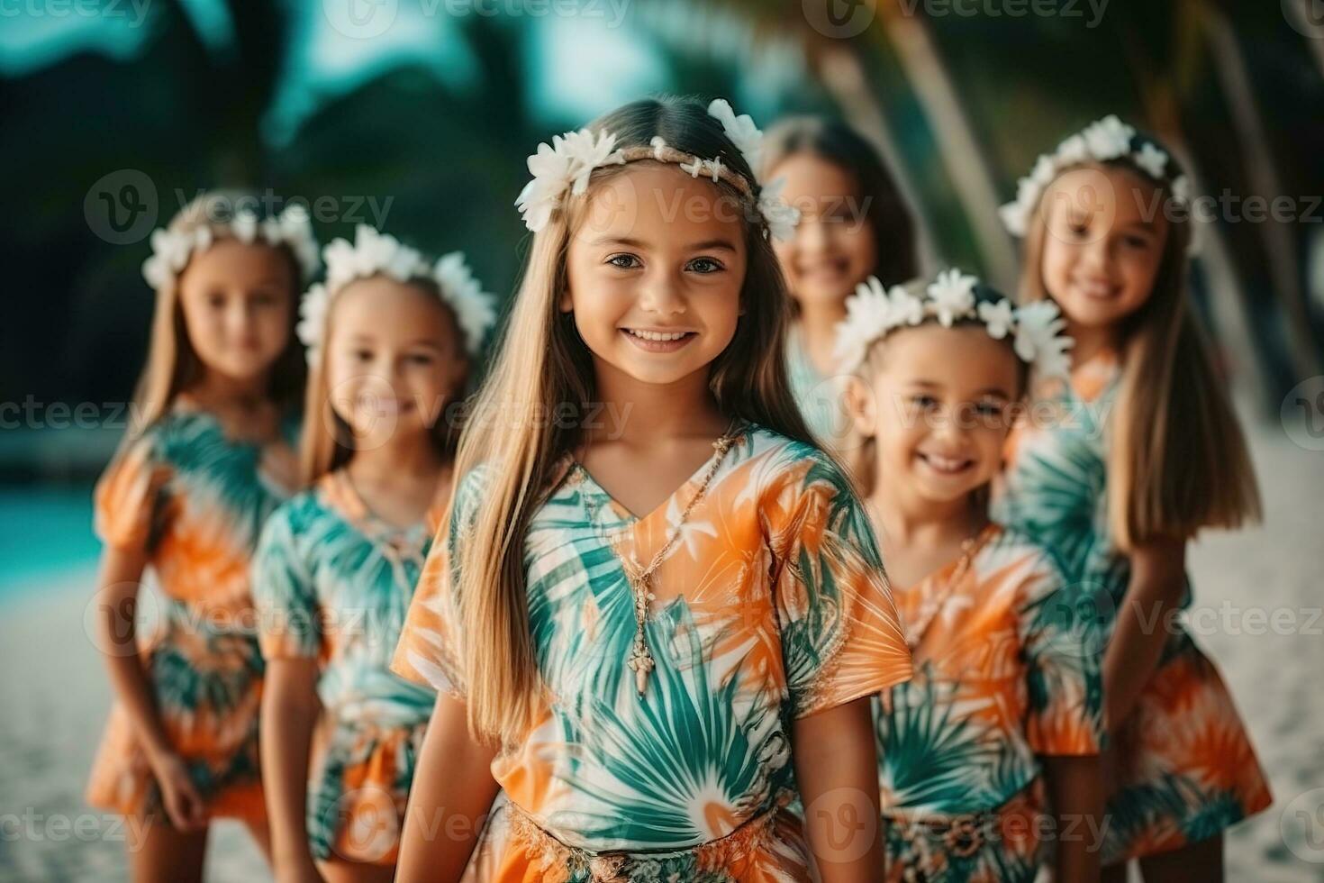 Advertising portrait shot of a young female child team standing together on the white tropical beach and they look at the camera. Generative AI. photo