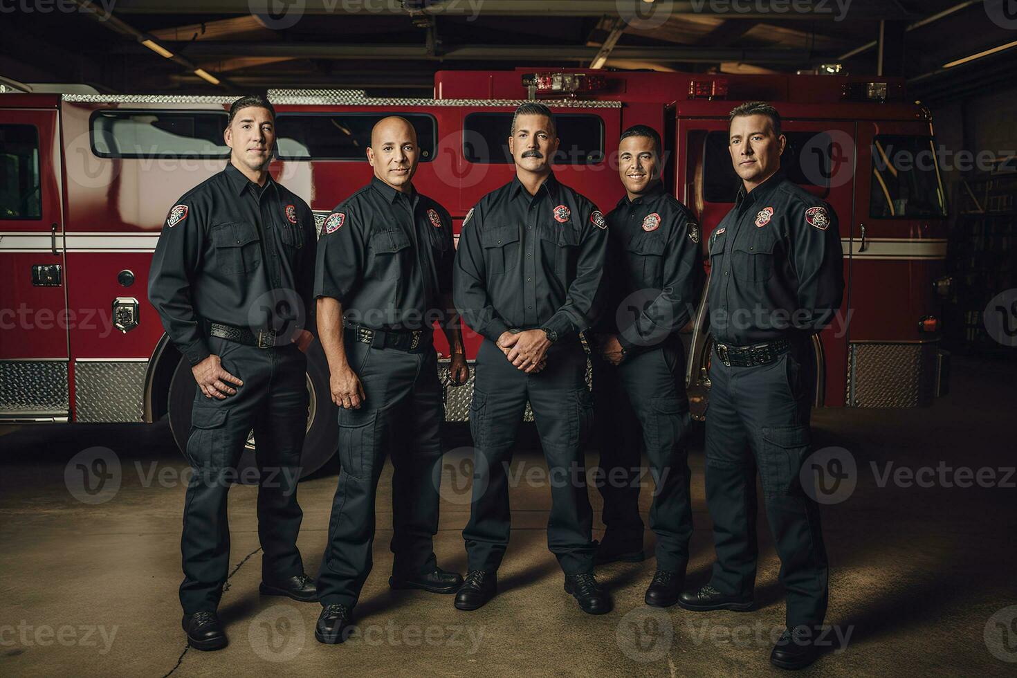 publicidad retrato Disparo de un bomberos equipo en pie juntos en un incendios estación y ellos Mira a el cámara. generativo ai. foto