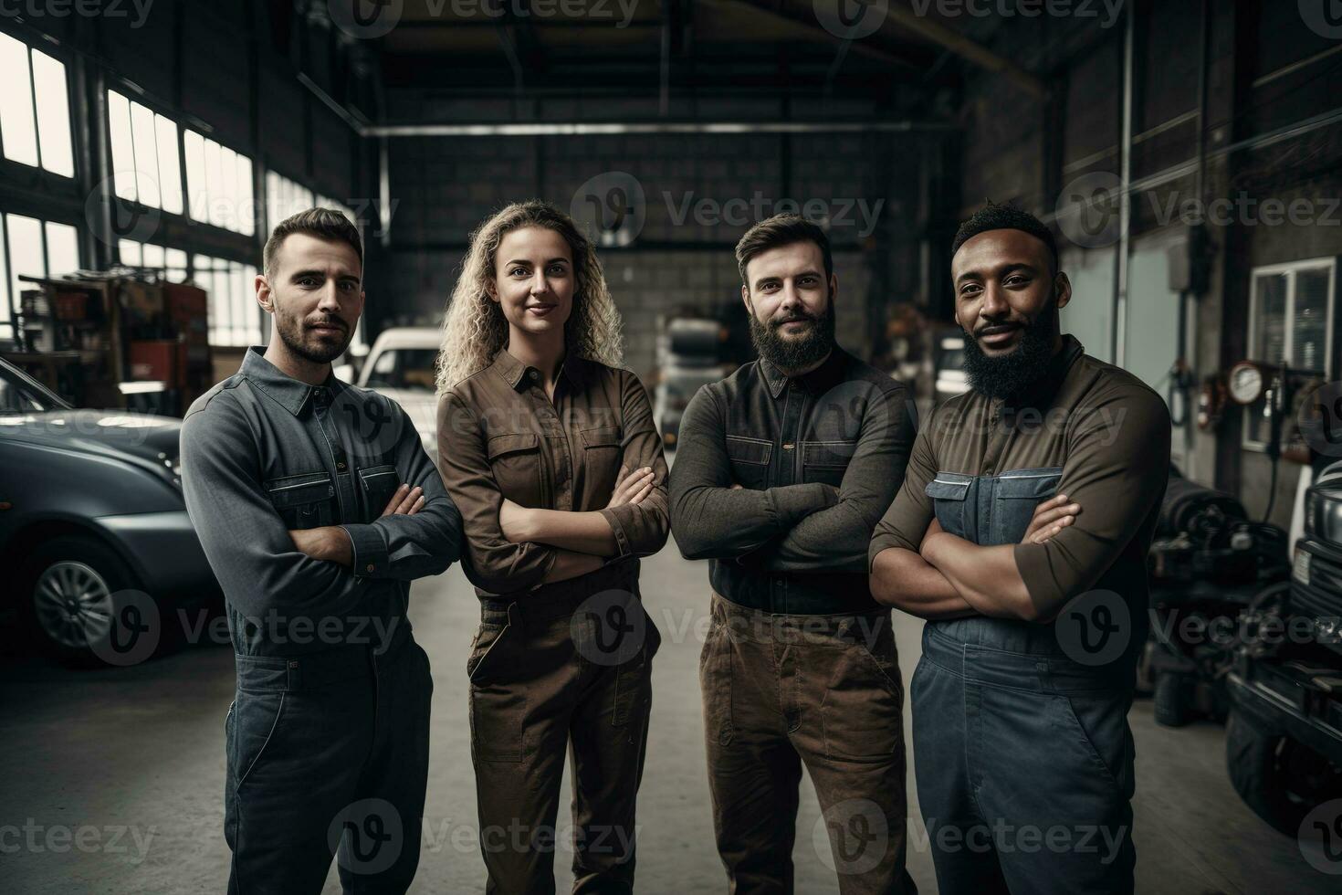 Advertising portrait shot of a mechanic team standing together in the car workshop and they look at the camera. Generative AI. photo