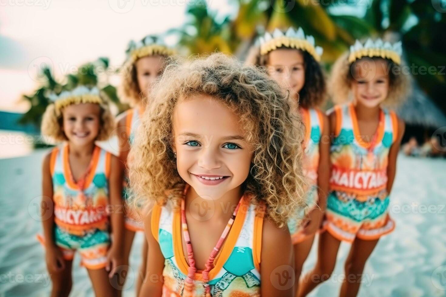 Advertising portrait shot of a young female child team standing together on the white tropical beach and they look at the camera. Generative AI. photo