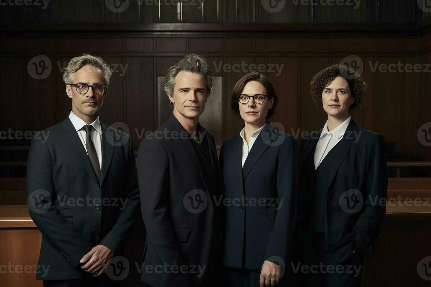 Advertising portrait shot of a lawyers team standing together in a court and they look at the camera. Generative AI. photo