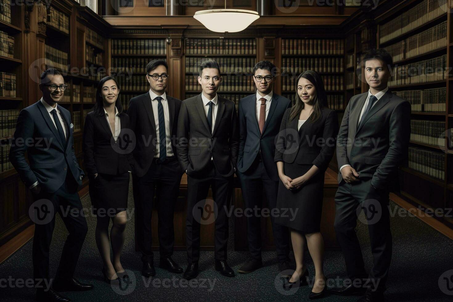 Advertising portrait shot of a lawyers team standing together in a court and they look at the camera. Generative AI. photo