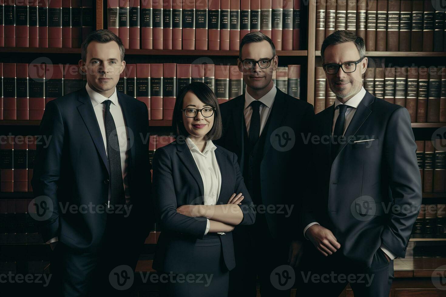 publicidad retrato Disparo de un abogados equipo en pie juntos en un Corte y ellos Mira a el cámara. generativo ai. foto
