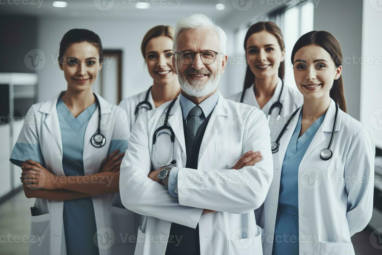 Advertising portrait shot of a doctor team standing together in a hospital and they look at the camera. Generative AI. photo