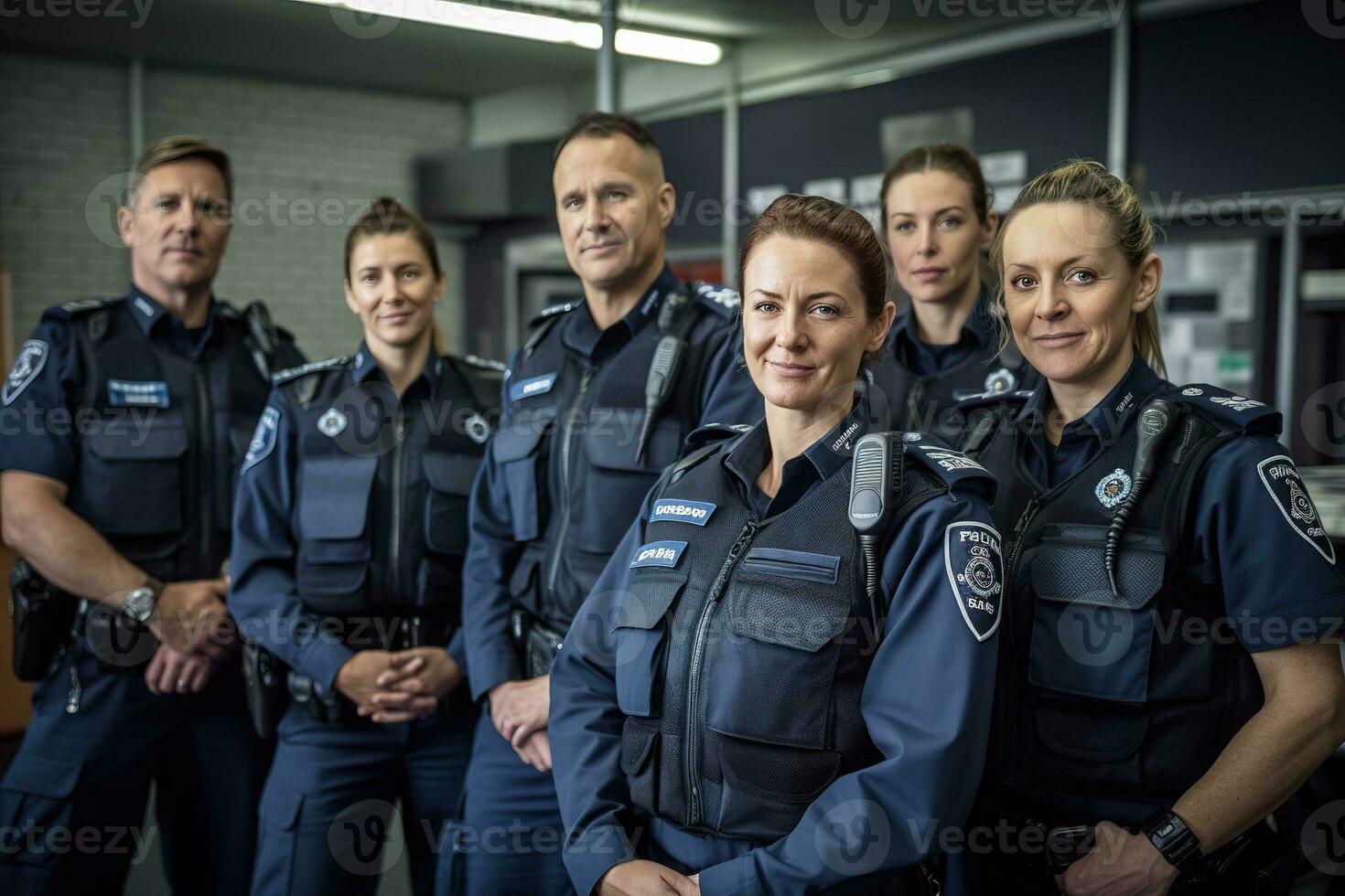 Advertising portrait shot of a Police officer team standing together in the Police station and they look at the camera. Generative AI. photo