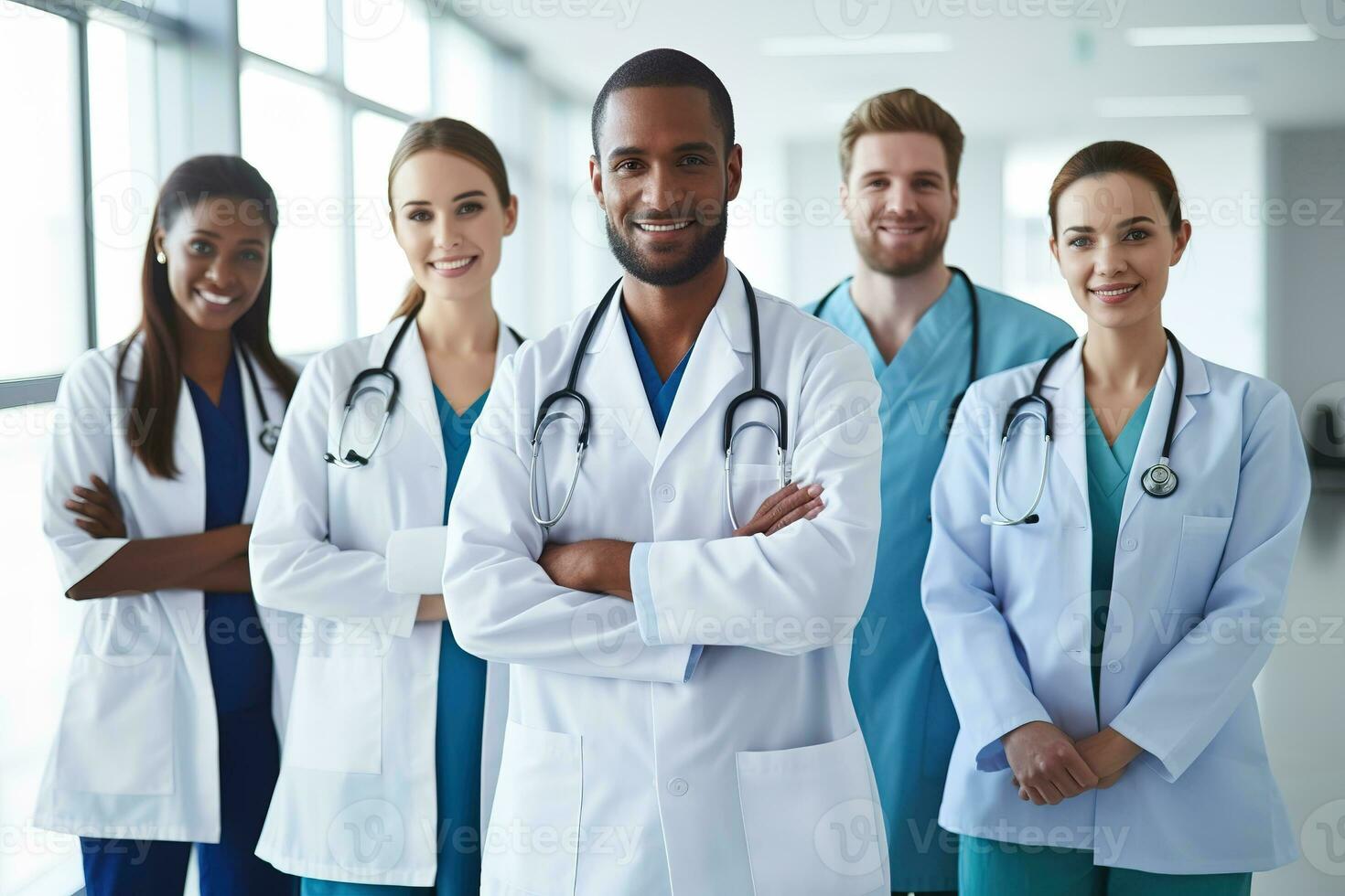 Advertising portrait shot of a doctor team standing together in a hospital and they look at the camera. Generative AI. photo