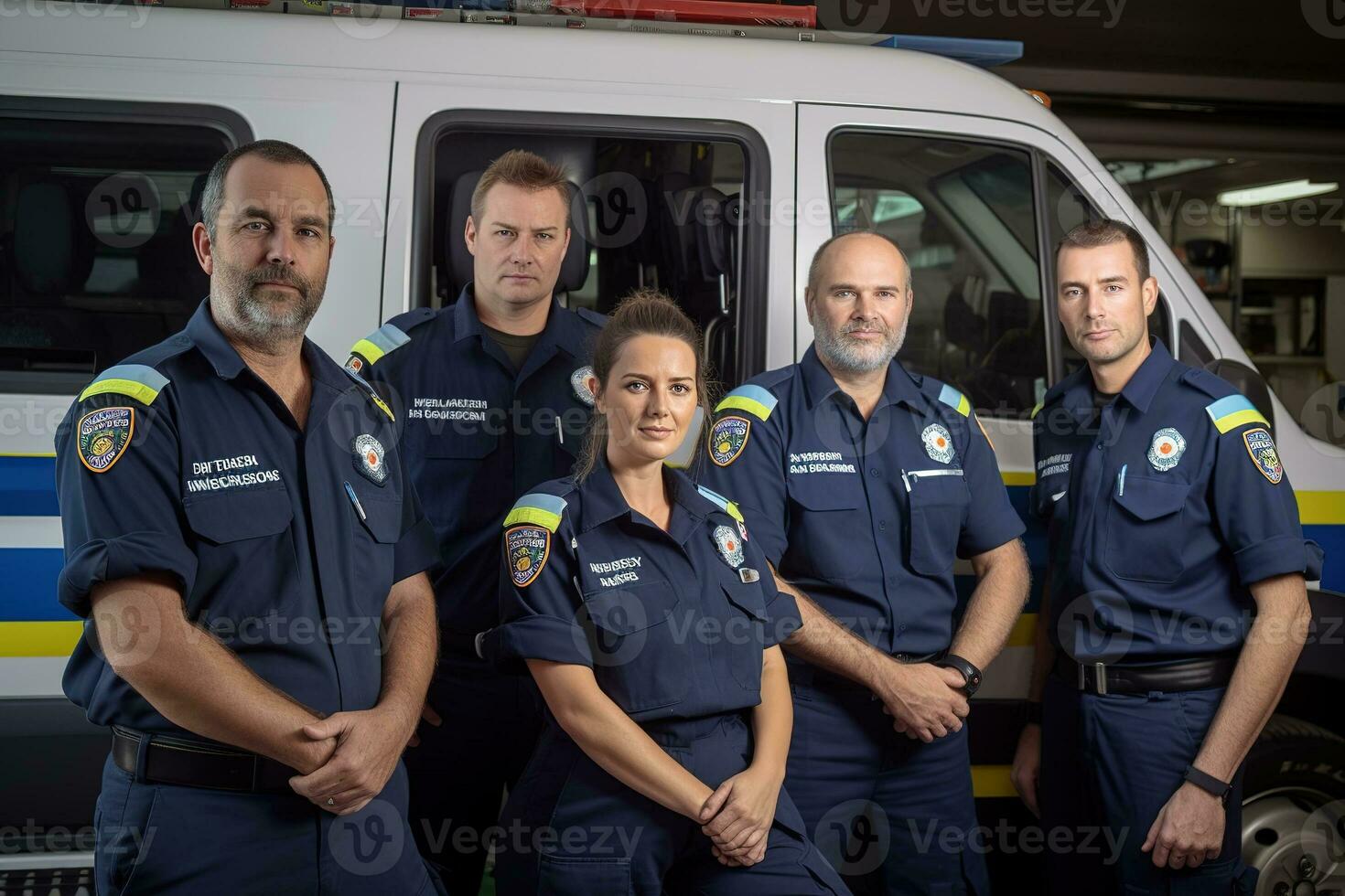 Advertising portrait shot of a paramedic team standing together in front of ambulance and they look at the camera. Generative AI. photo