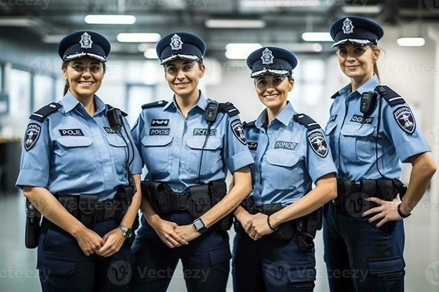 Advertising portrait shot of a Police officer team standing together in the Police station and they look at the camera. Generative AI. photo