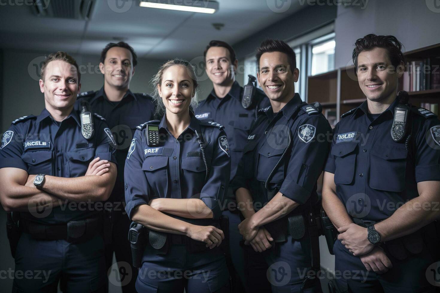 Advertising portrait shot of a Police officer team standing together in the Police station and they look at the camera. Generative AI. photo