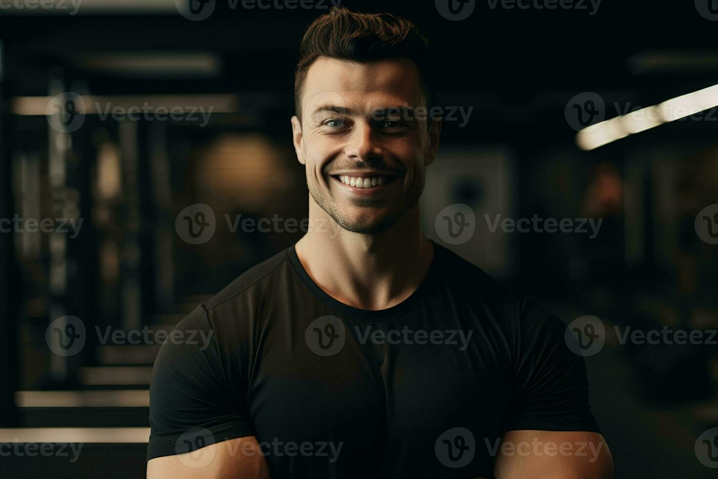 Advertising portrait shot of a personal trainer standing together in a gym and they look at the camera. Generative AI. photo