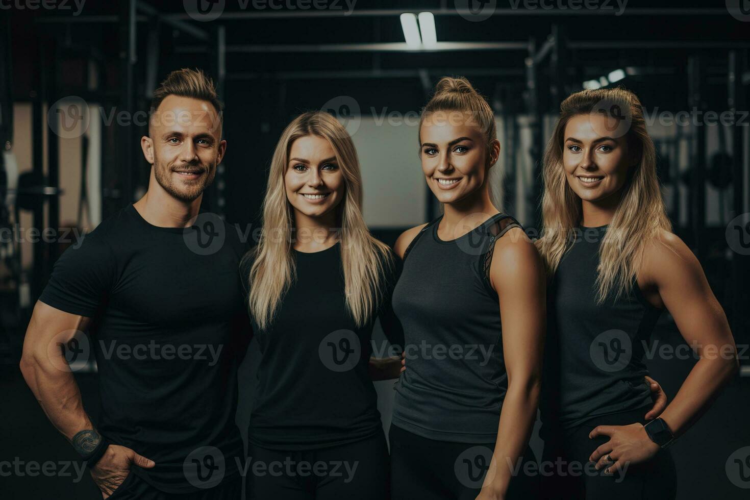 Advertising portrait shot of a personal trainer team standing together in a gym and they look at the camera. Generative AI. photo