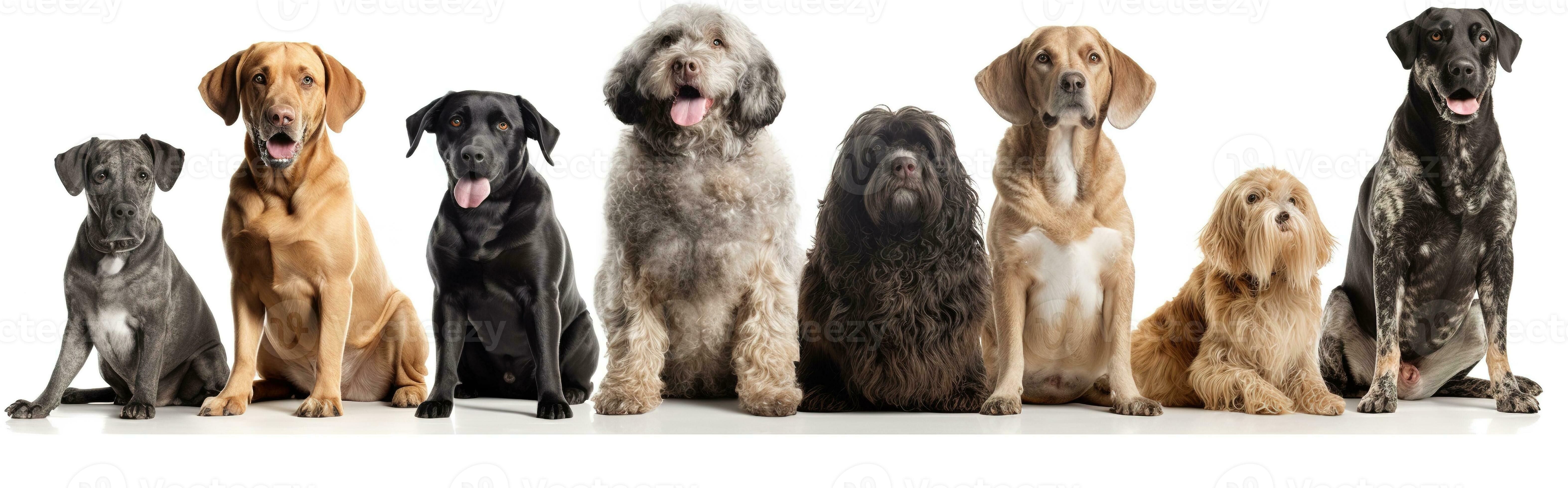 Group of mixed breed dogs sitting in a row on white background