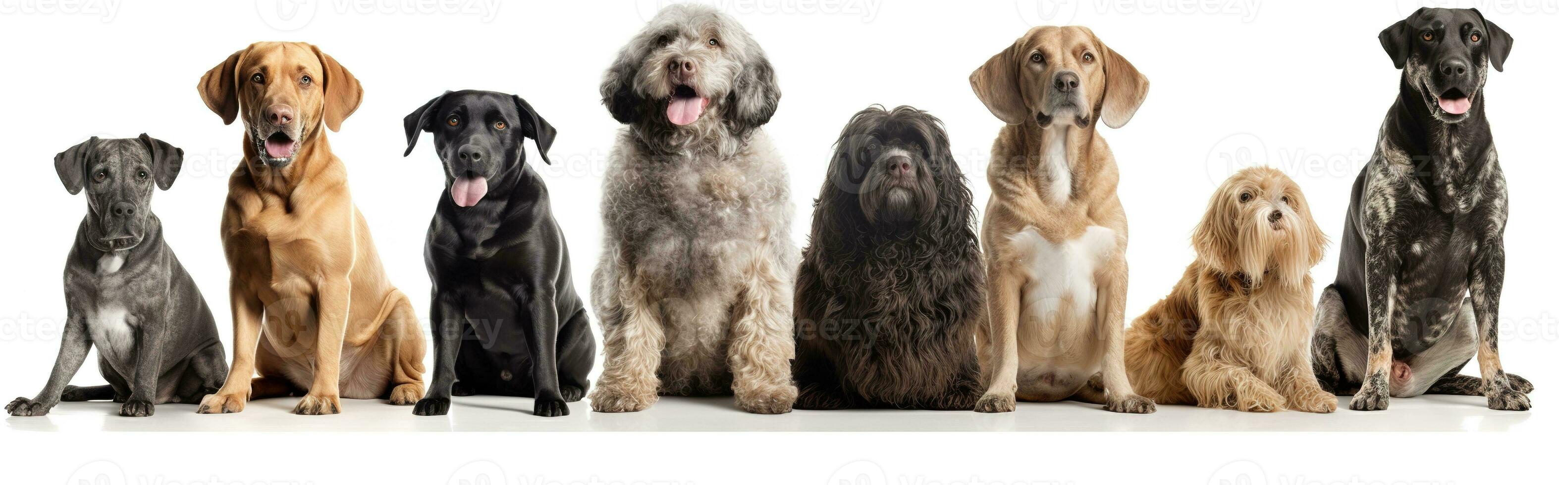 grupo de mezclado raza perros sentado en un fila en blanco antecedentes. Doméstico animal bandera concepto. generativo ai foto