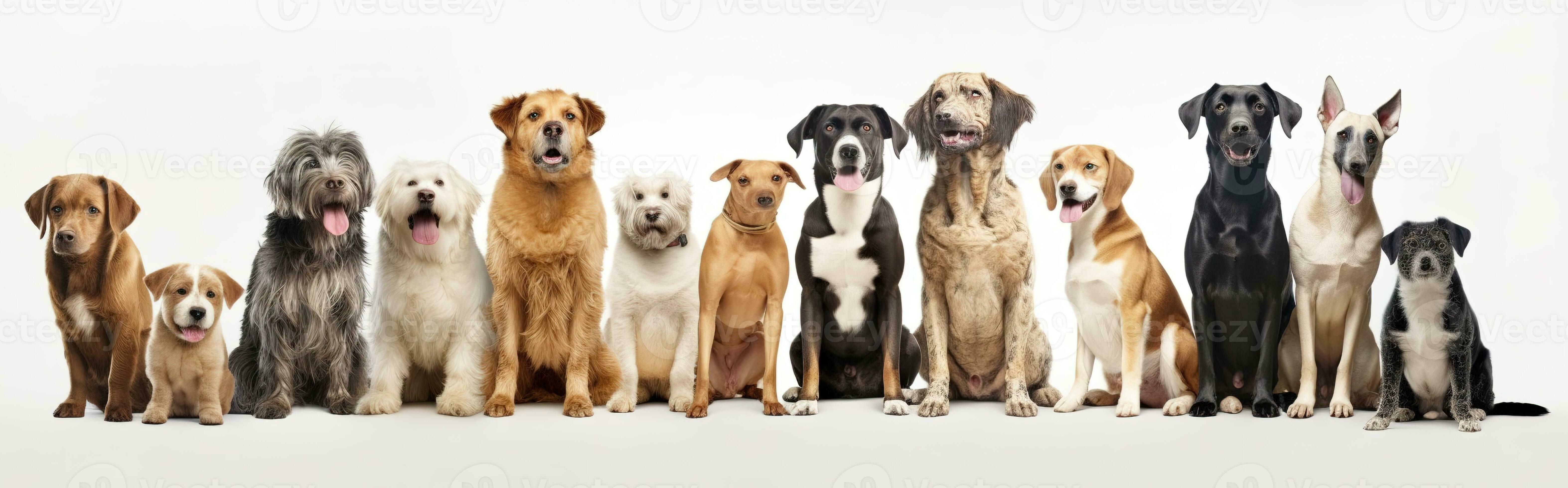 Group of mixed breed dogs sitting in a row on white background
