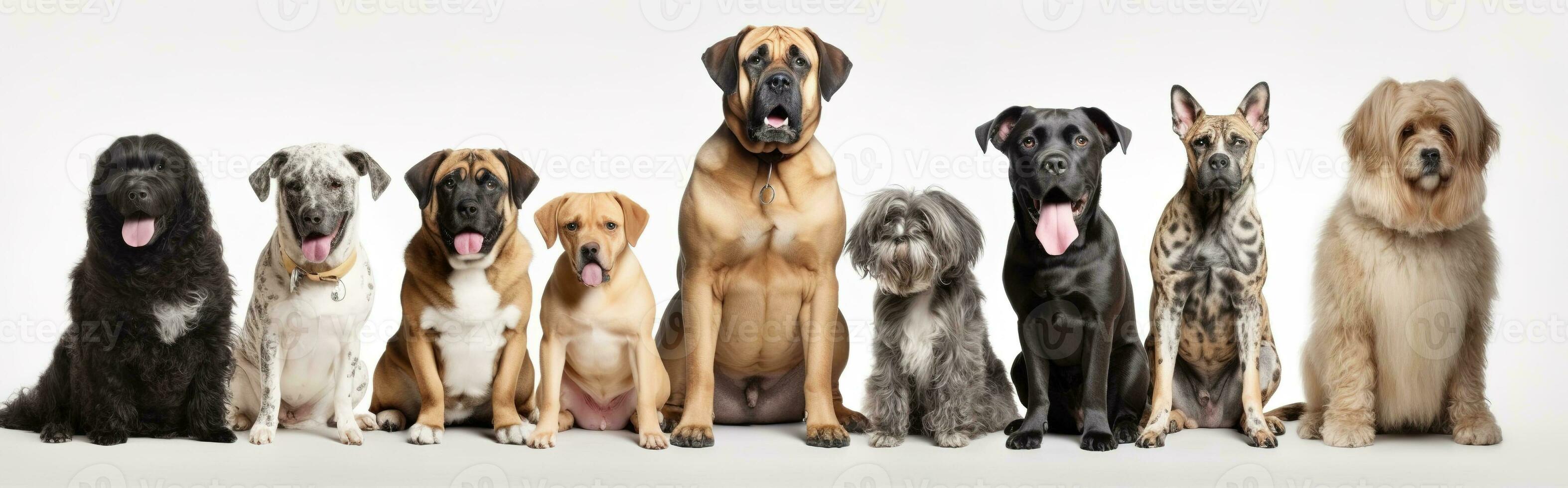 Group of mixed breed dogs sitting in a row on white background. Domestic Animal Banner concept. Generative AI photo